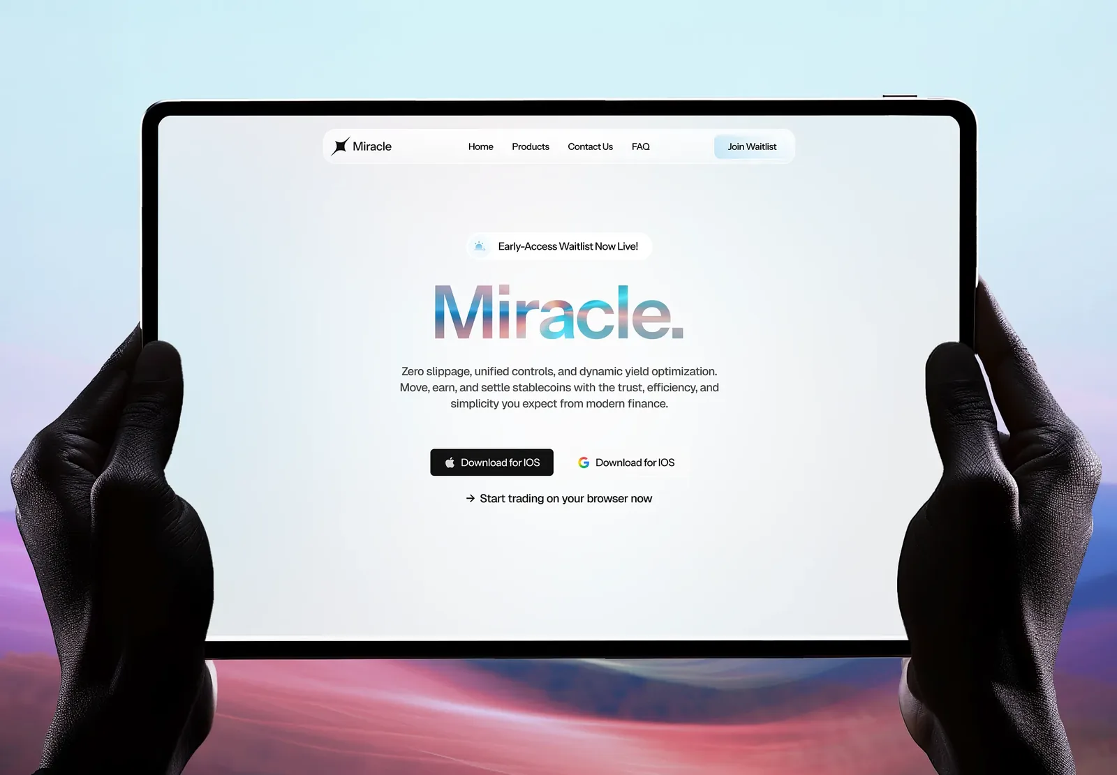 Miracle stablecoin trading website on a tablet
